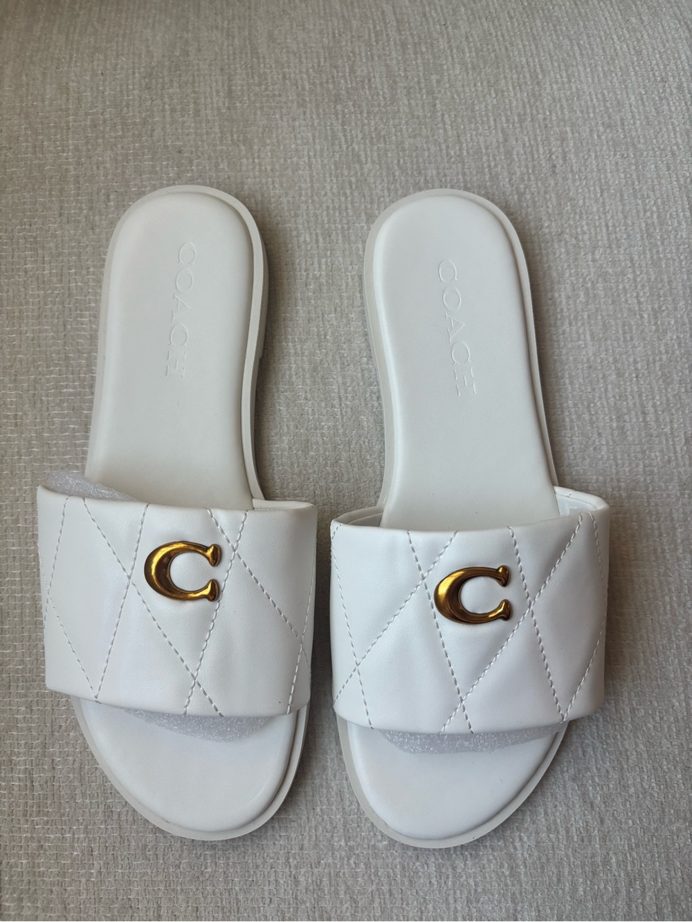 Coach White Quilted Slide Sandals with Gold C Hardware